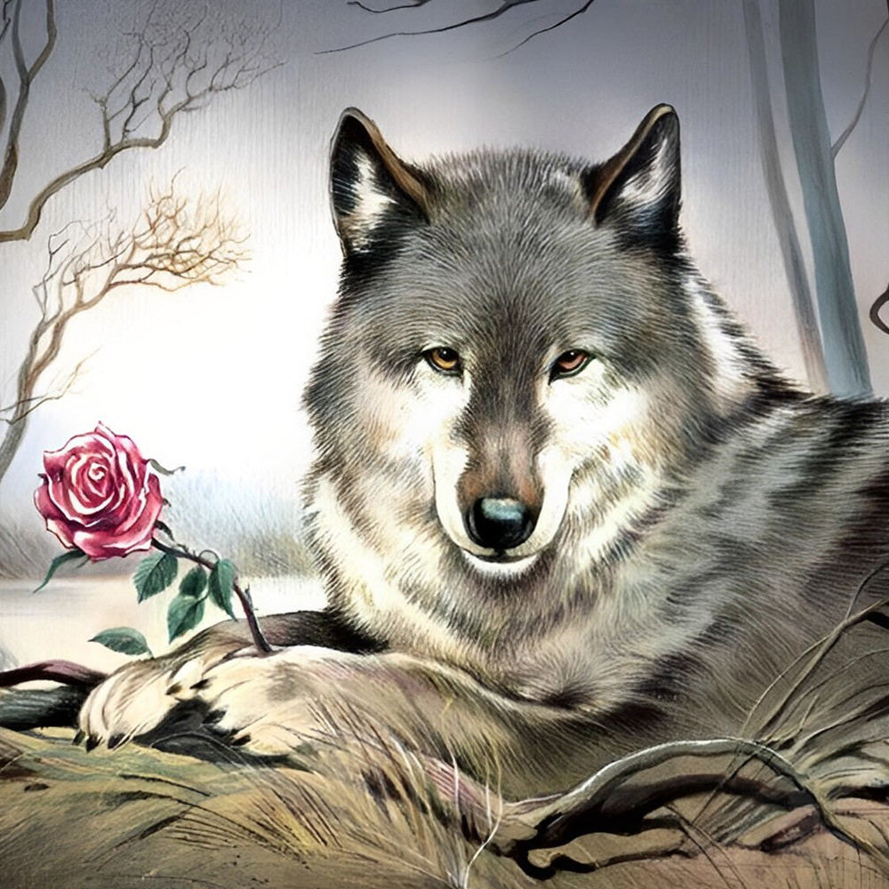 Majestic grey wolf and pink rose cross stitch kit for beginners