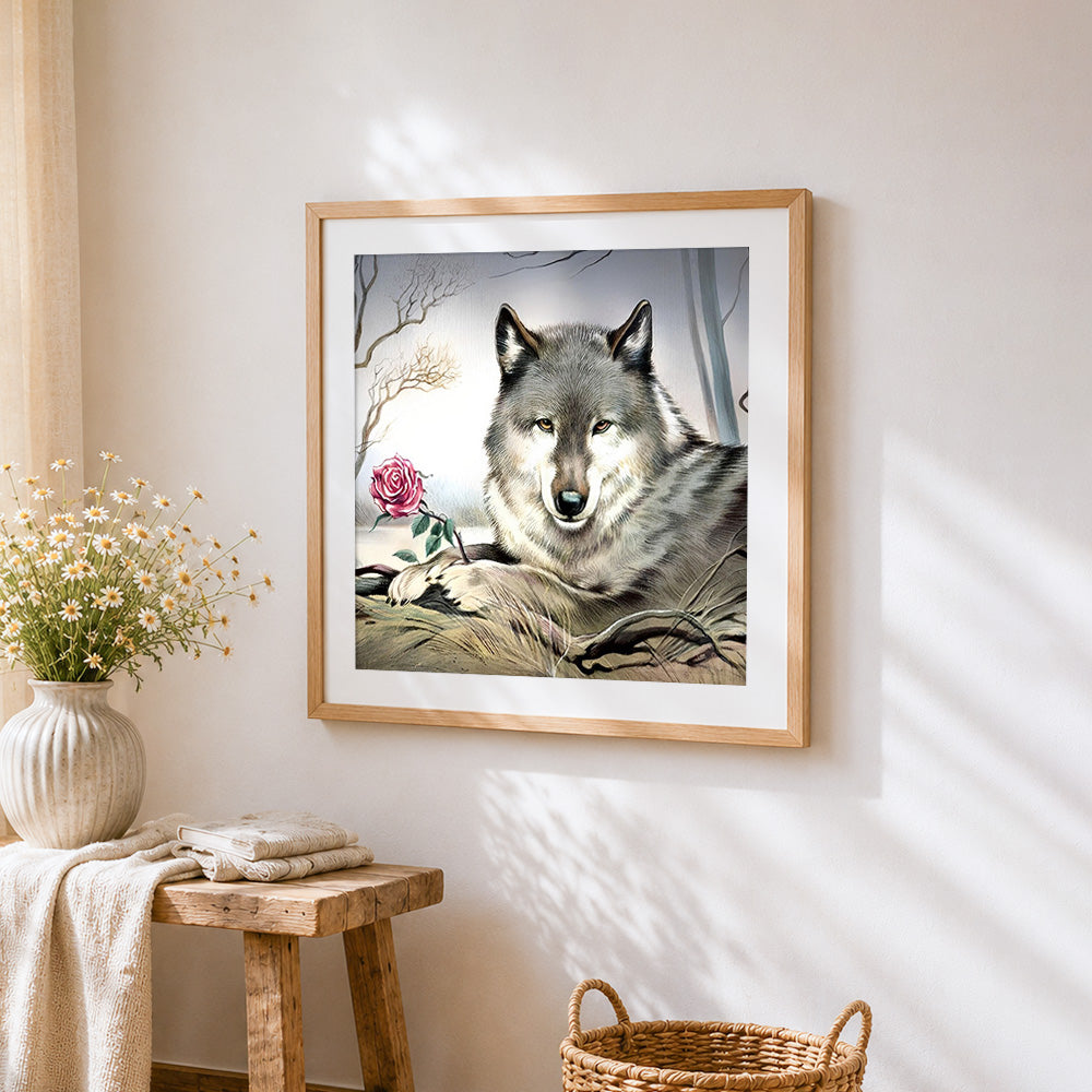 Majestic grey wolf and pink rose cross stitch artwork displayed on wall as home decor