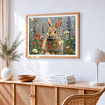 Majestic hare in a wildflower meadow cross stitch artwork displayed on wall as home decor