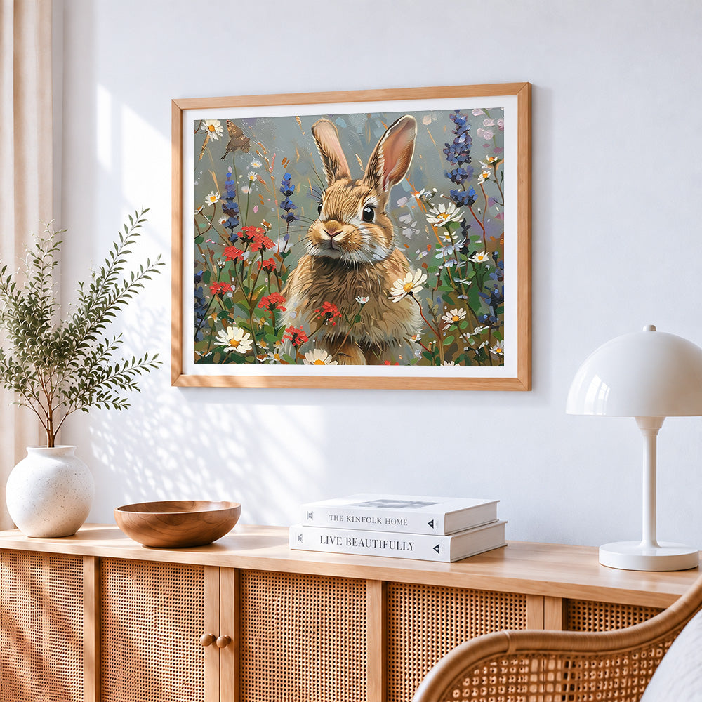 Majestic hare in a wildflower meadow cross stitch artwork displayed on wall as home decor