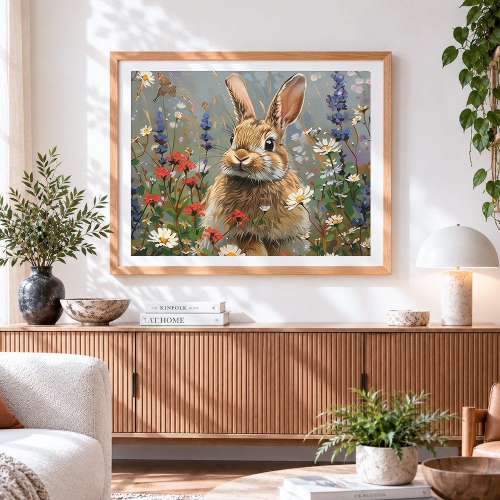 Finished majestic hare in a wildflower meadow paint by numbers artwork displayed as home decor