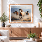 Finished majestic horses running in the wild cross stitch artwork displayed