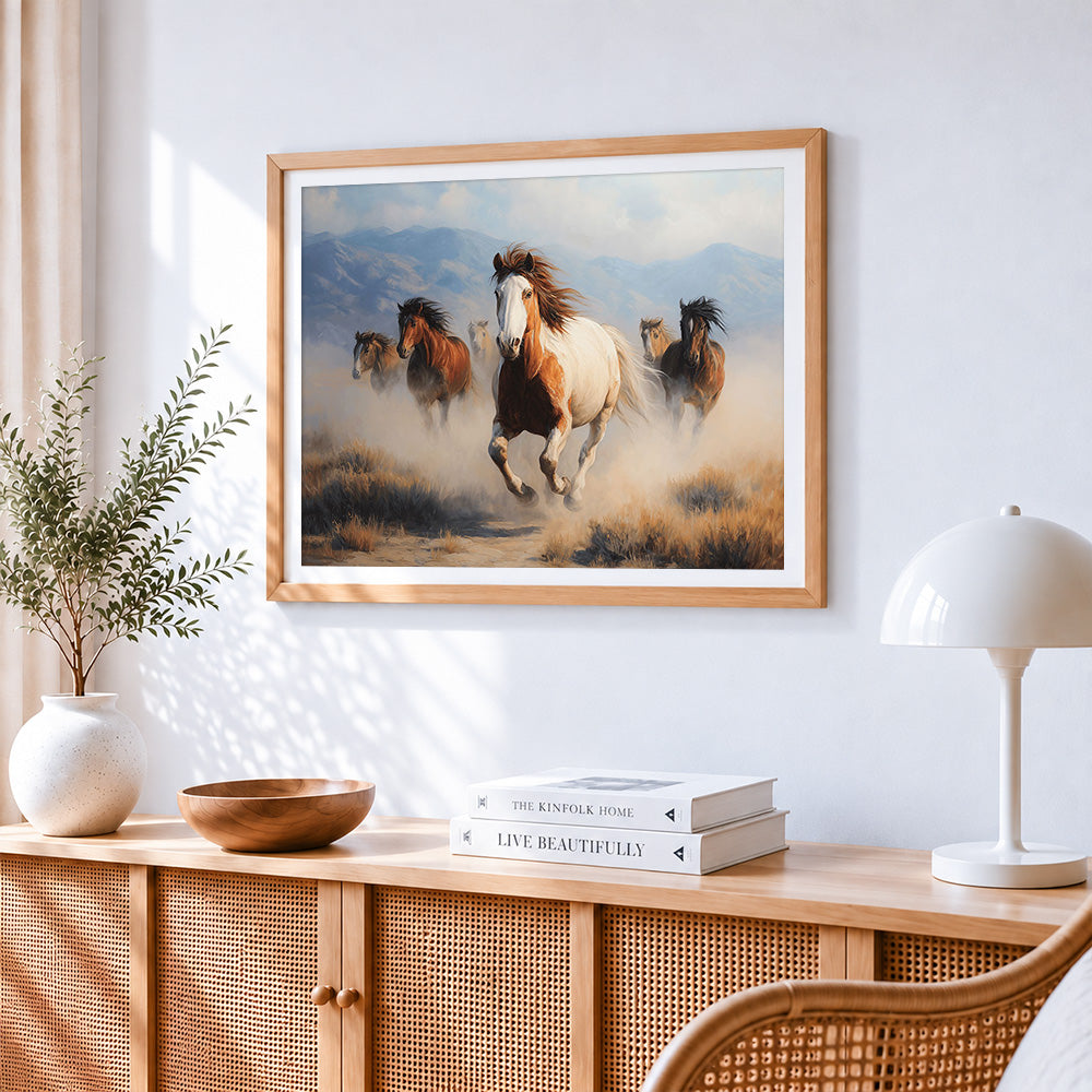 Majestic horses running in the wild cross stitch artwork displayed on wall as home decor