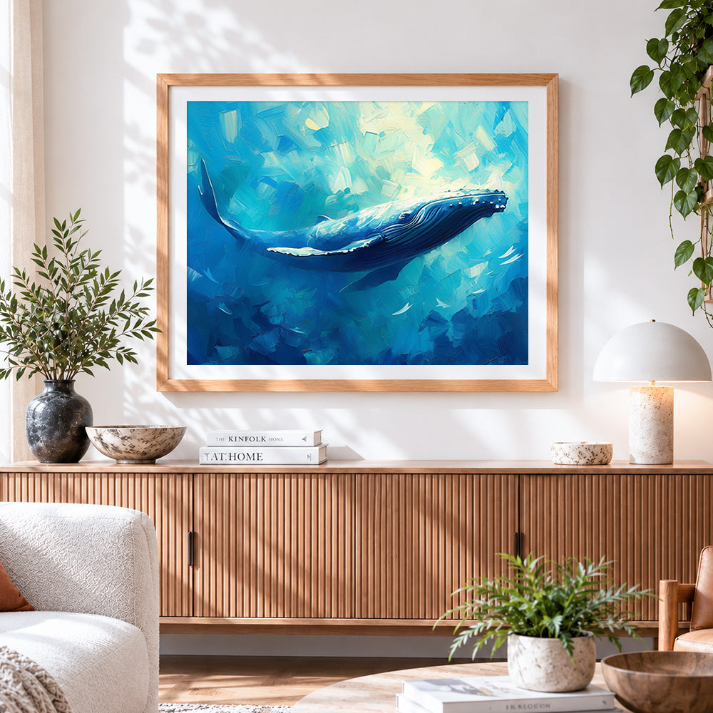 Finished majestic humpback whale in the deep blue ocean cross stitch artwork displayed