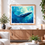 Finished majestic humpback whale in the deep blue ocean paint by numbers artwork displayed as home decor