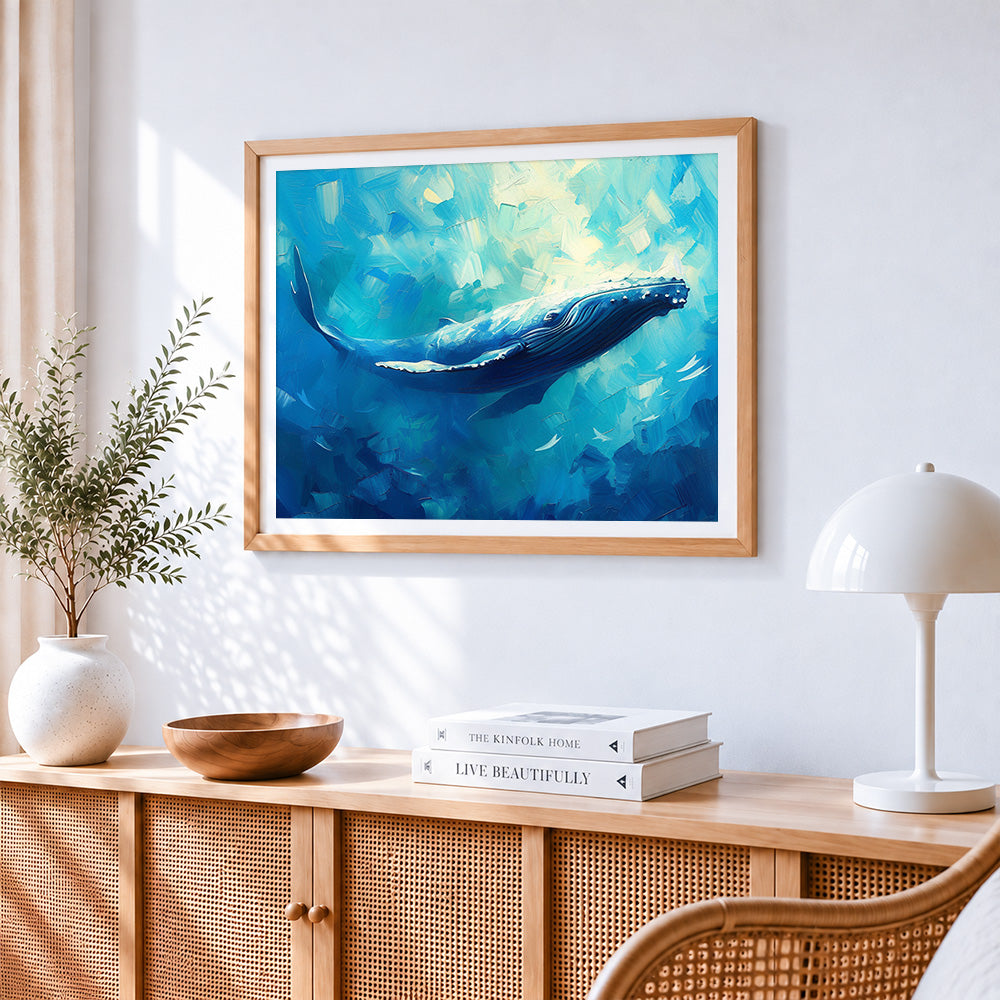 Majestic humpback whale in the deep blue ocean paint by numbers artwork displayed on wall as home decor