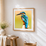 Majestic kingfisher on a branch paint by numbers artwork displayed on wall as home decor
