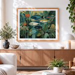 Finished majestic koi fish in a lotus pond cross stitch artwork displayed