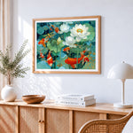 Majestic koi fish in a lotus pond cross stitch artwork displayed on wall as home decor