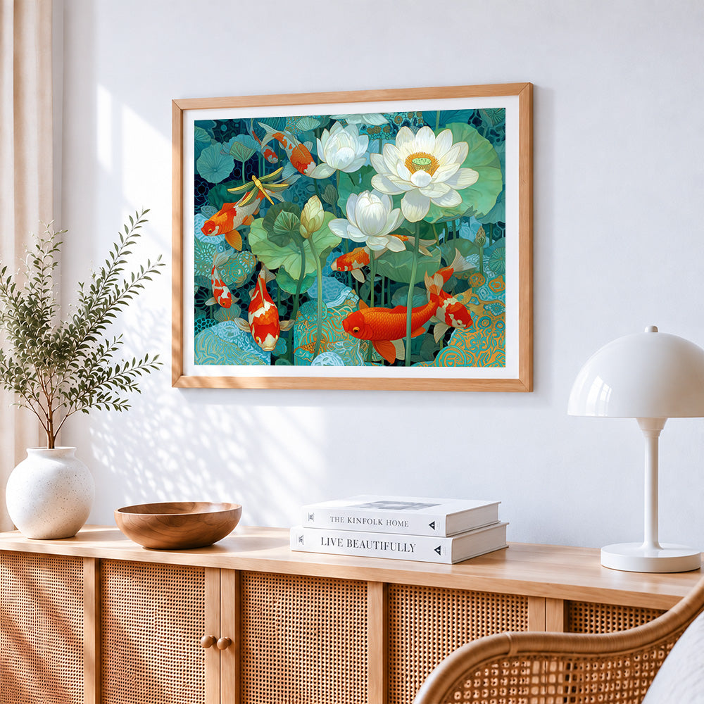 Majestic koi fish in a lotus pond cross stitch artwork displayed on wall as home decor