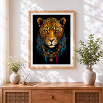 Finished majestic leopard with gold chain paint by numbers artwork displayed as home decor