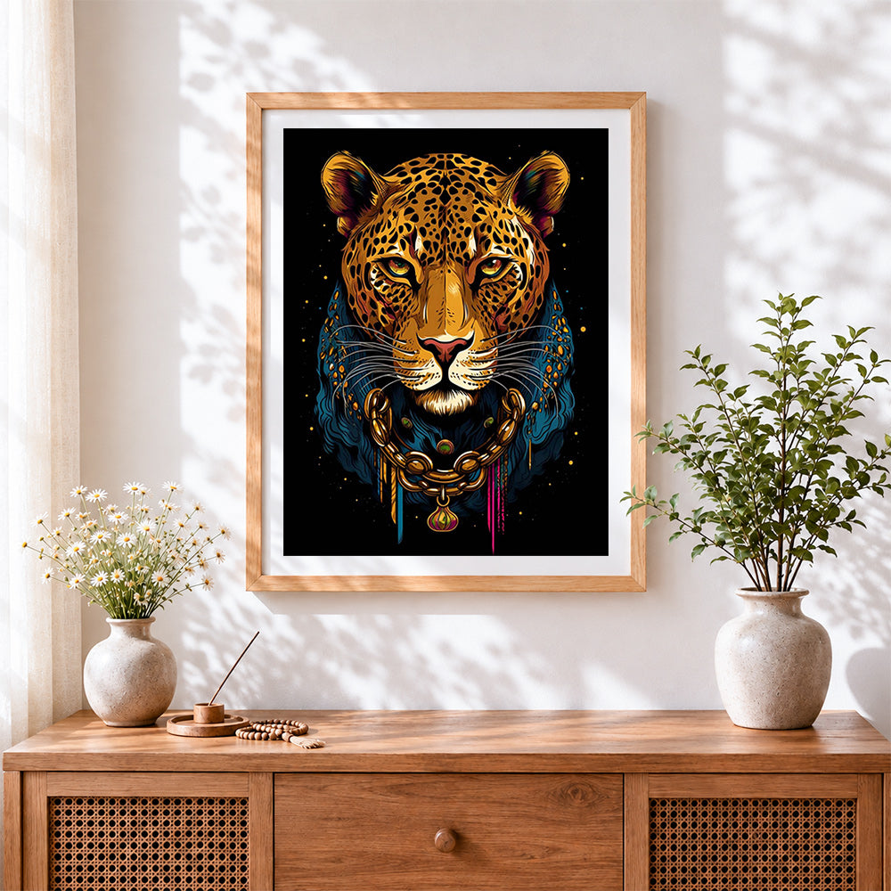 Finished majestic leopard with gold chain paint by numbers artwork displayed as home decor