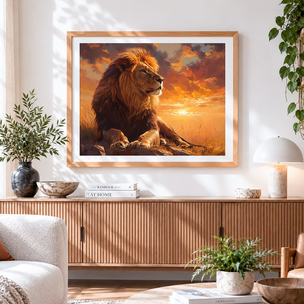 Finished majestic lion at sunset cross stitch artwork displayed