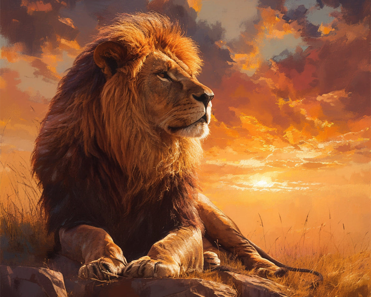 Majestic lion at sunset cross stitch kit for beginners