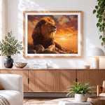 Finished majestic lion at sunset paint by numbers artwork displayed as home decor