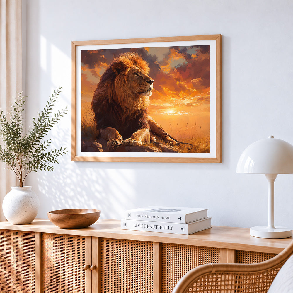 Majestic lion at sunset paint by numbers artwork displayed on wall as home decor