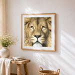 Majestic lion face close up paint by numbers artwork displayed on wall as home decor