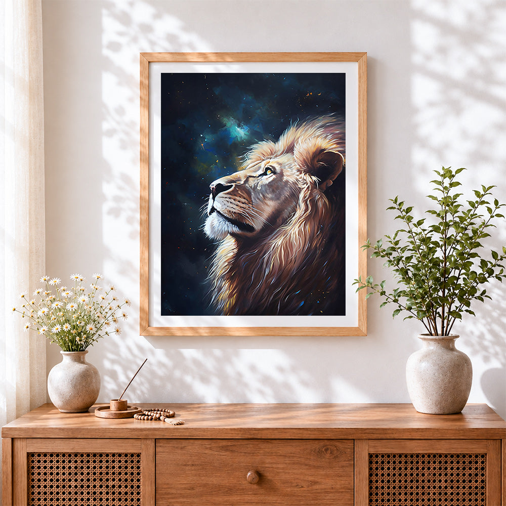 Finished majestic lion gazing at the stars cross stitch artwork displayed