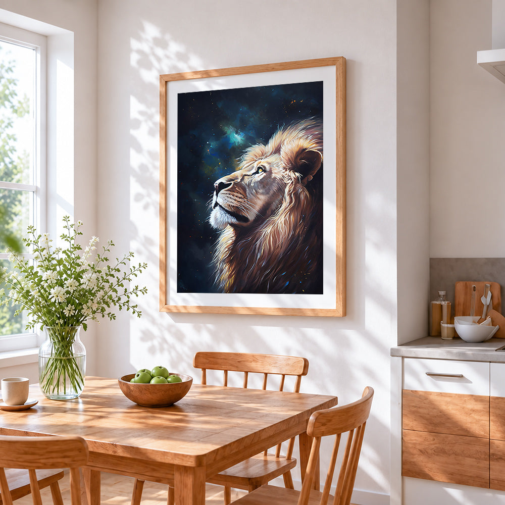 Majestic lion gazing at the stars cross stitch artwork displayed on wall as home decor