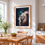 Majestic lion gazing at the stars cross stitch artwork displayed on wall as home decor