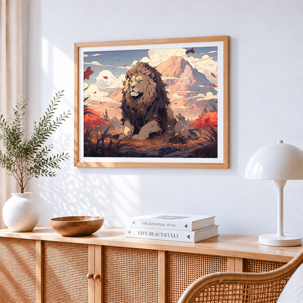 Majestic lion in a mountain landscape cross stitch artwork displayed on wall as home decor