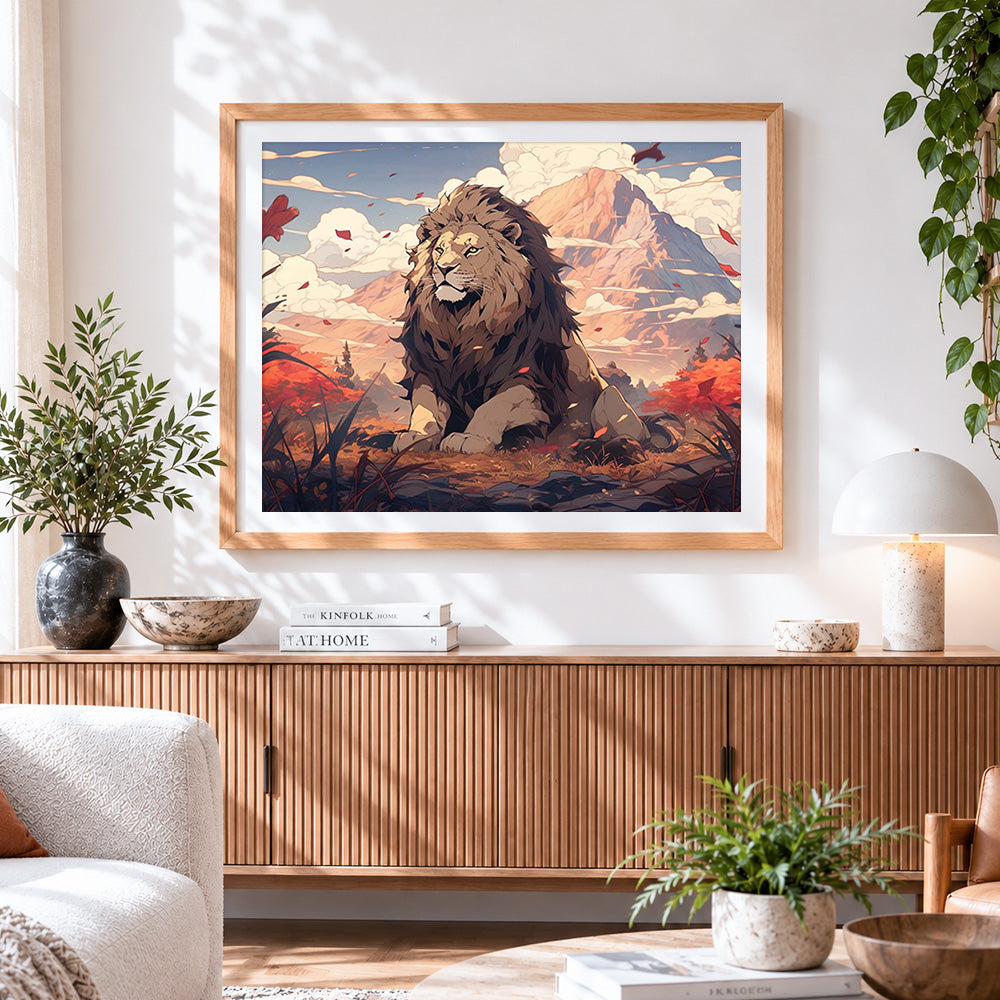 Finished majestic lion in a mountain landscape paint by numbers artwork displayed as home decor