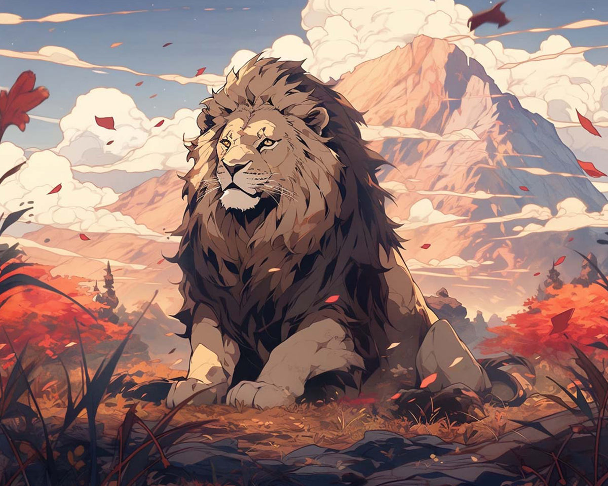 Majestic lion in a mountain landscape paint by numbers kit for beginners