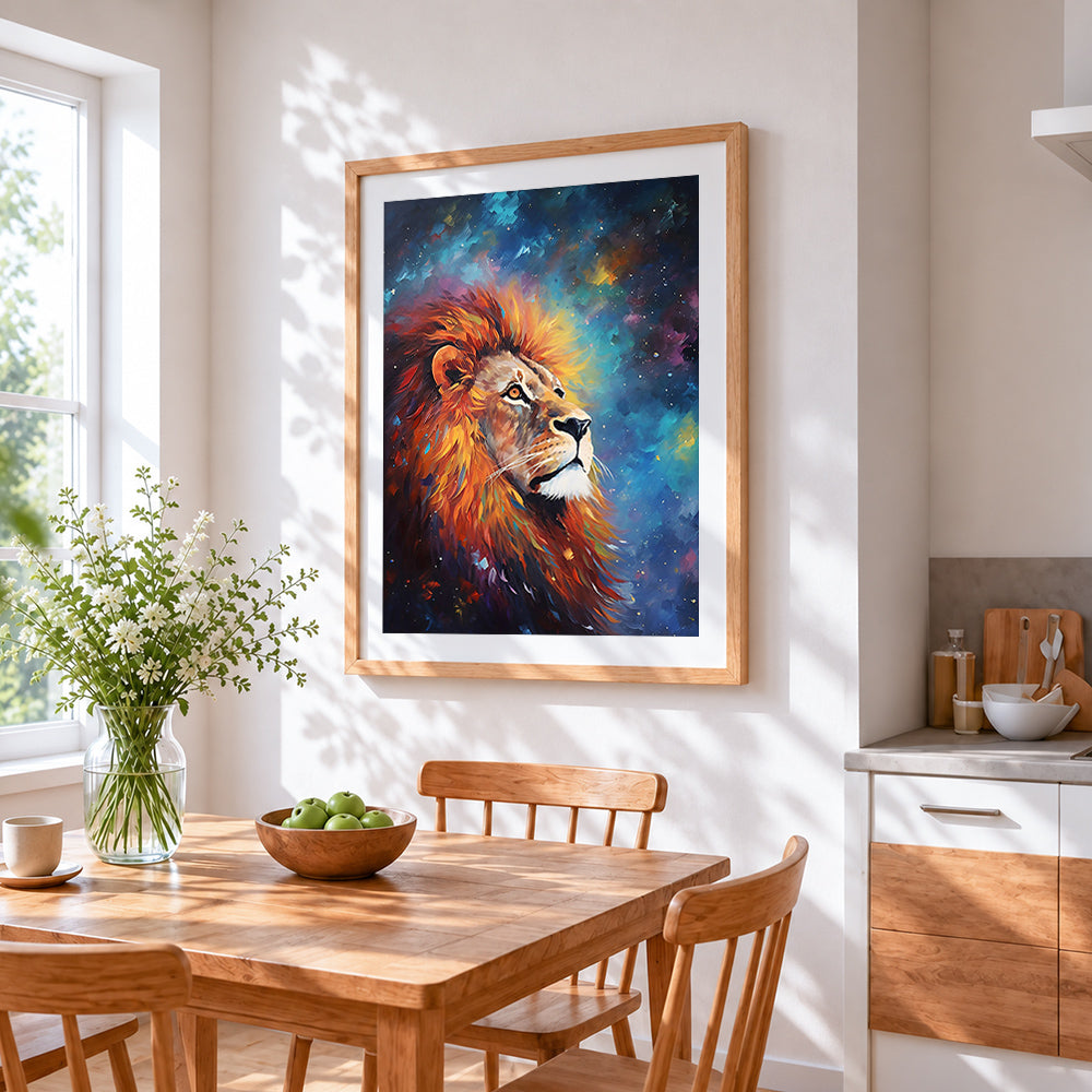 Majestic lion in starry night sky cross stitch artwork displayed on wall as home decor
