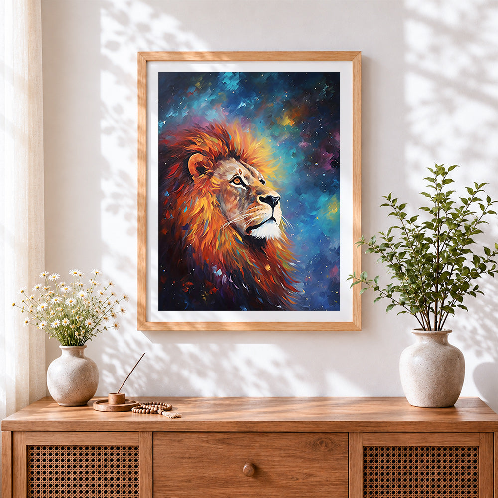 Finished majestic lion in starry night sky paint by numbers artwork displayed as home decor