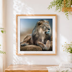 Finished majestic lion resting cross stitch artwork displayed