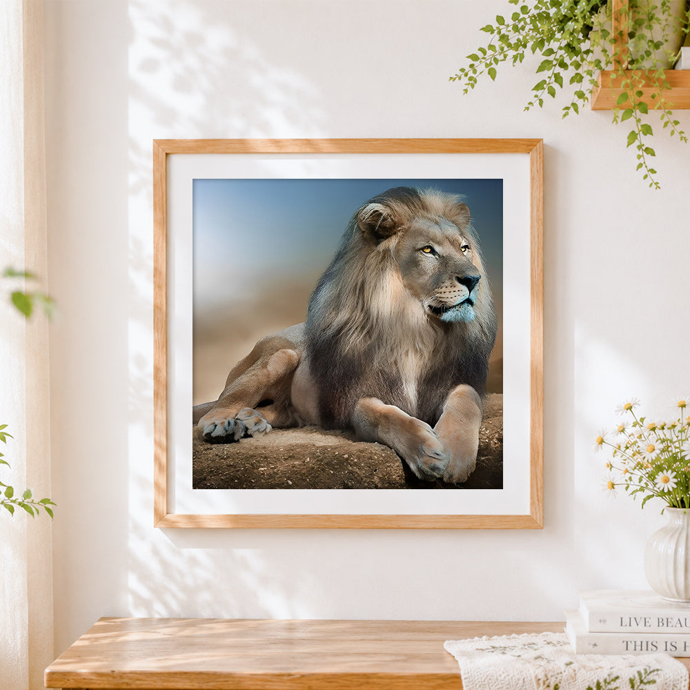 Finished majestic lion resting cross stitch artwork displayed