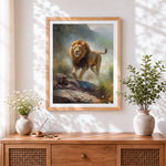 Finished majestic lion walking in misty mountains cross stitch artwork displayed