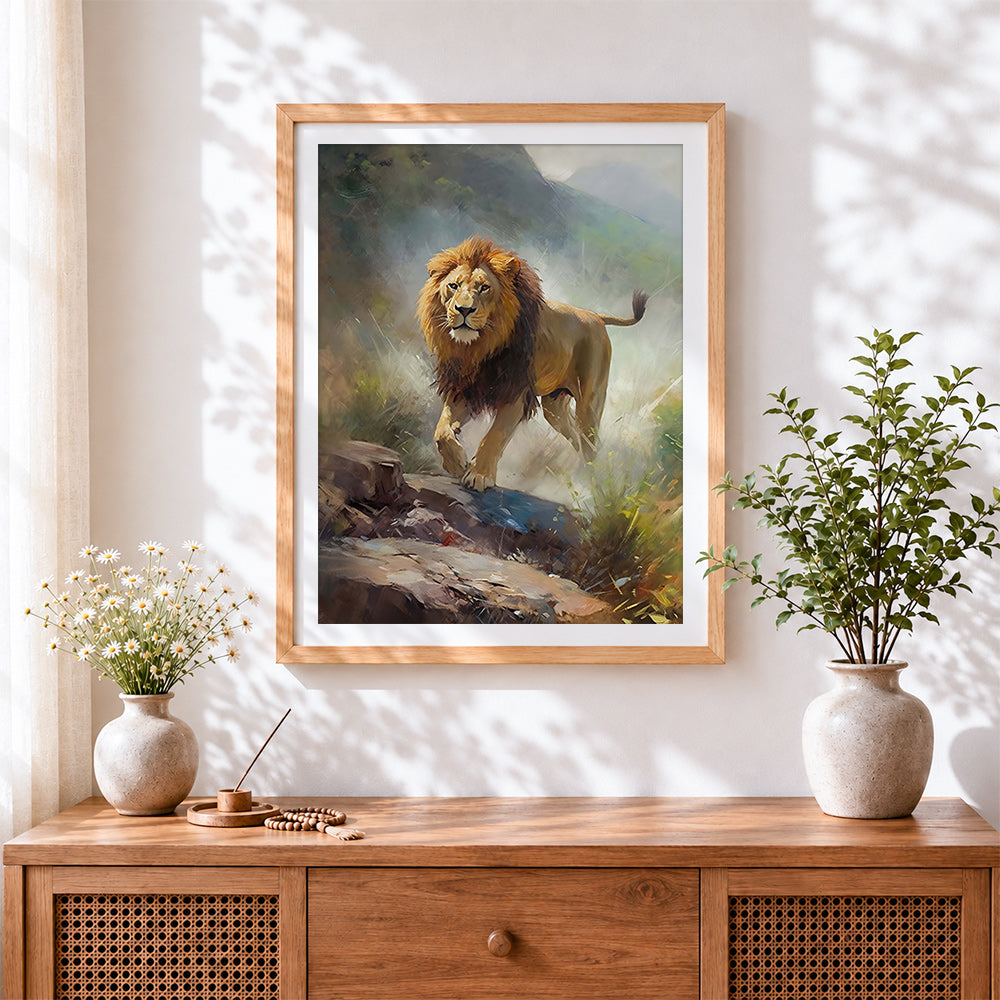 Finished majestic lion walking in misty mountains cross stitch artwork displayed