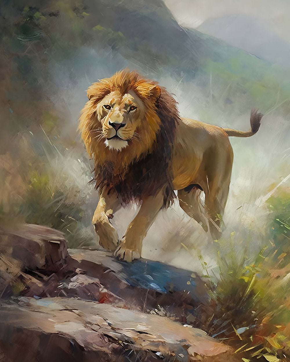 Majestic lion walking in misty mountains cross stitch kit for beginners