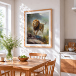 Majestic lion walking in misty mountains cross stitch artwork displayed on wall as home decor