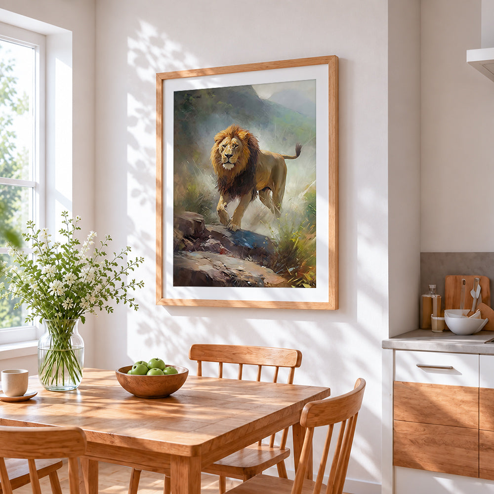 Majestic lion walking in misty mountains cross stitch artwork displayed on wall as home decor
