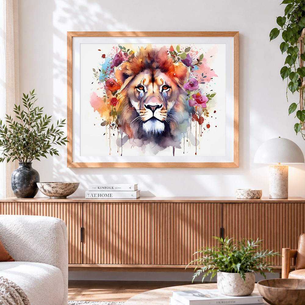Finished majestic lion with colourful flowers cross stitch artwork displayed