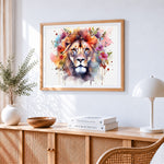 Majestic lion with colourful flowers cross stitch artwork displayed on wall as home decor