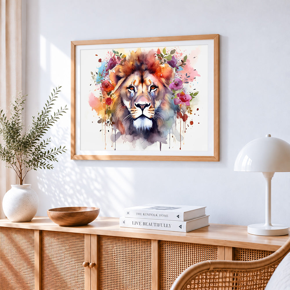 Majestic lion with colourful flowers cross stitch artwork displayed on wall as home decor