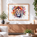 Finished majestic lion with colourful flowers paint by numbers artwork displayed as home decor