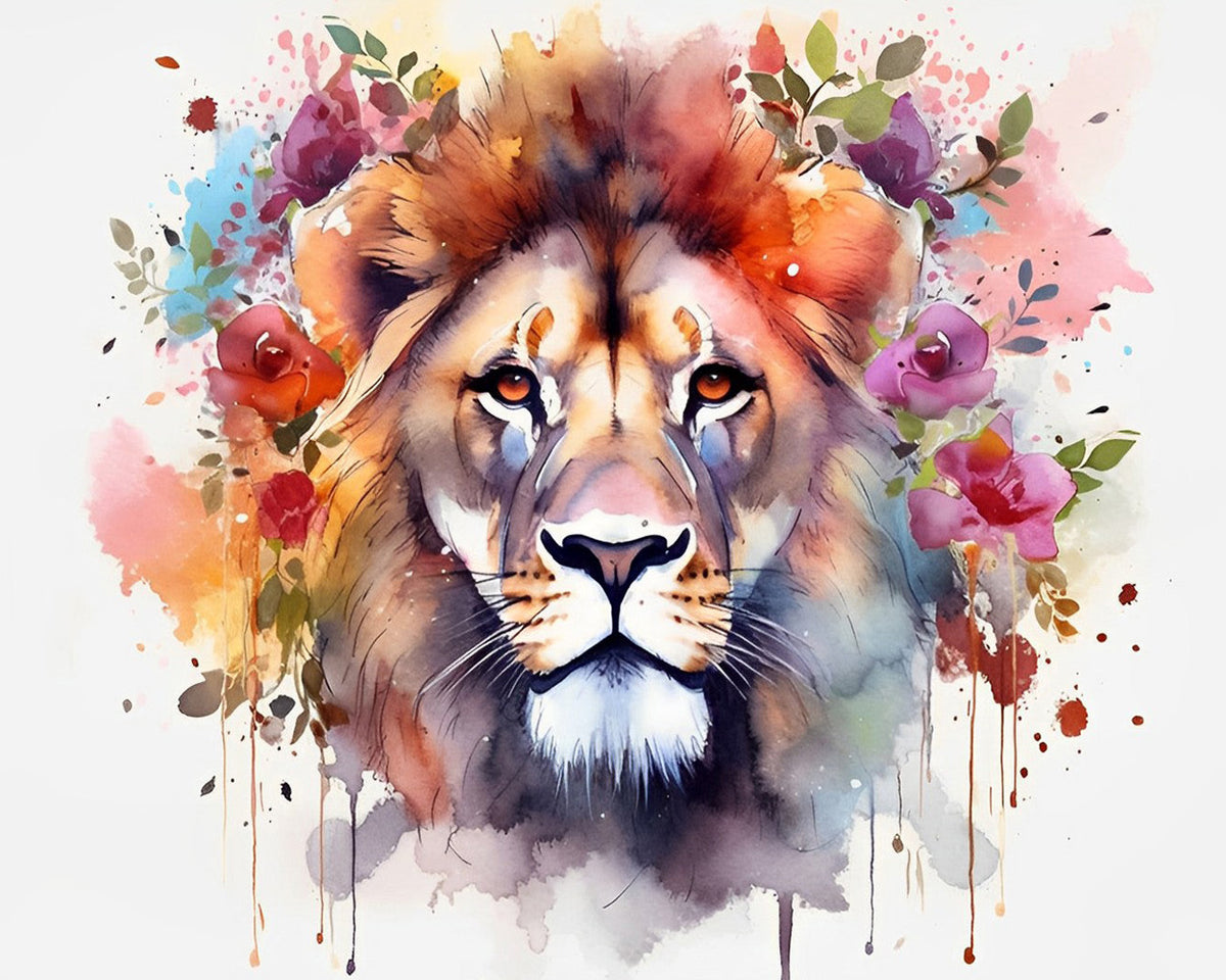 Majestic lion with colourful flowers paint by numbers kit for beginners