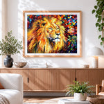 Finished majestic lion with flowers cross stitch artwork displayed