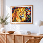 Majestic lion with flowers cross stitch artwork displayed on wall as home decor