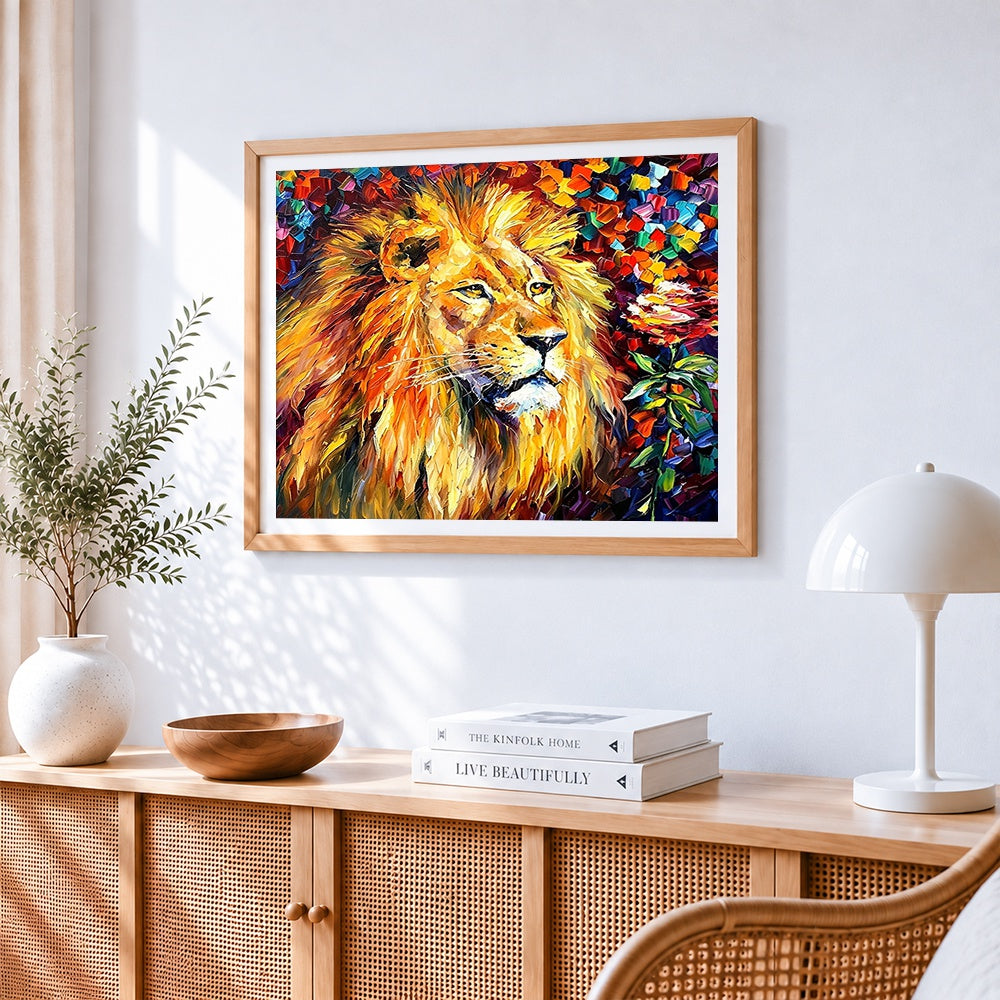 Majestic lion with flowers cross stitch artwork displayed on wall as home decor