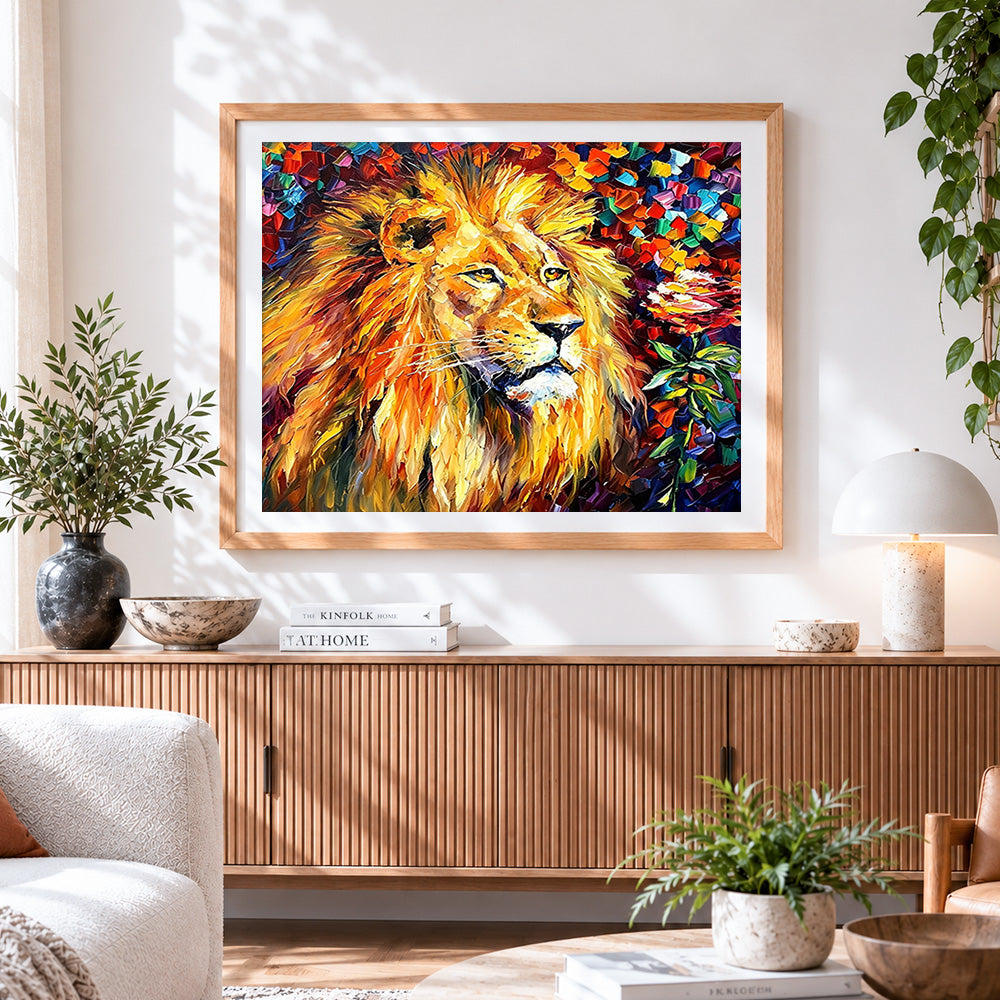 Finished majestic lion with flowers paint by numbers artwork displayed as home decor