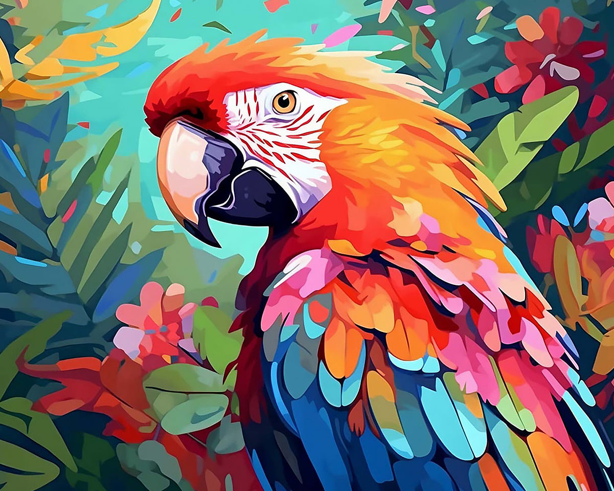 Majestic macaw with tropical flowers cross stitch kit for beginners