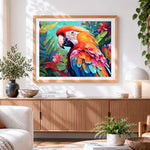 Finished majestic macaw with tropical flowers paint by numbers artwork displayed as home decor