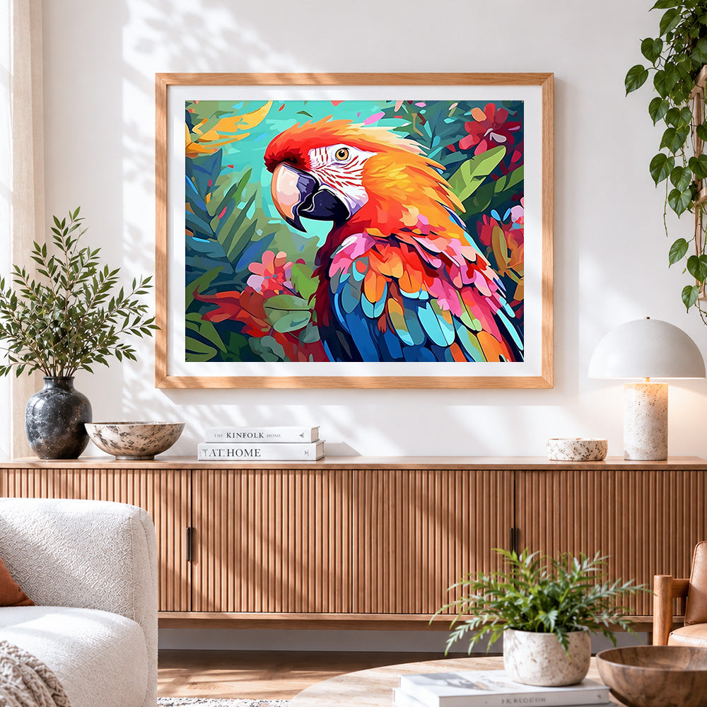 Finished majestic macaw with tropical flowers paint by numbers artwork displayed as home decor