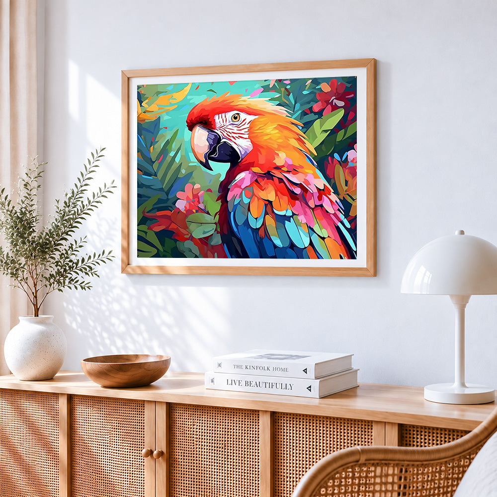 Majestic macaw with tropical flowers paint by numbers artwork displayed on wall as home decor