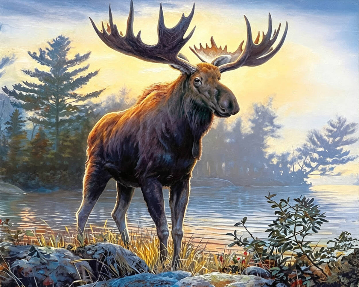 Majestic moose by a lake cross stitch kit for beginners